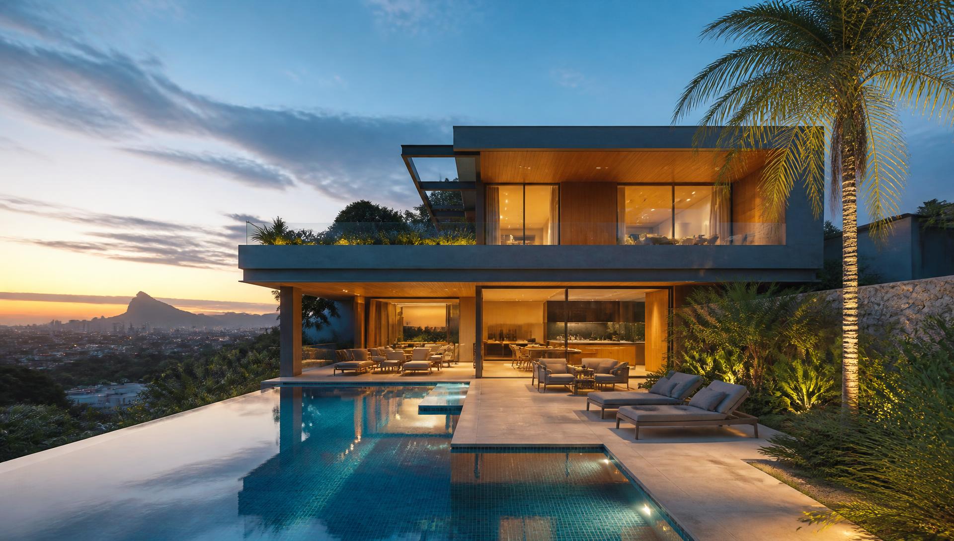 Residência contemporânea ao entardecer com piscina e iluminação quente